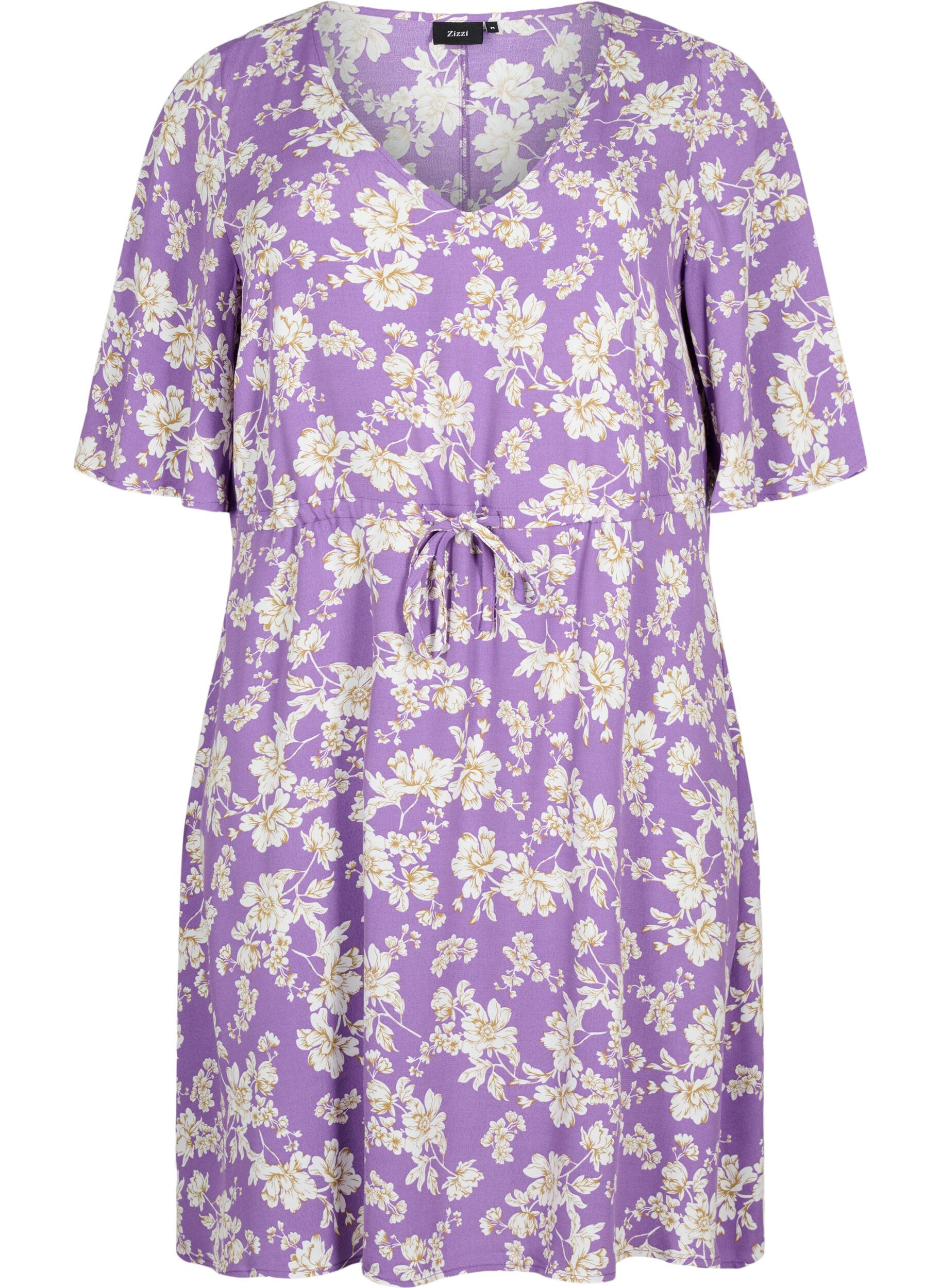 Zizzi Kleid mit 1/2 &Auml;rmeln und Blumenmuster aus Viskose, Purple Flower AOP, Packshot image number 0