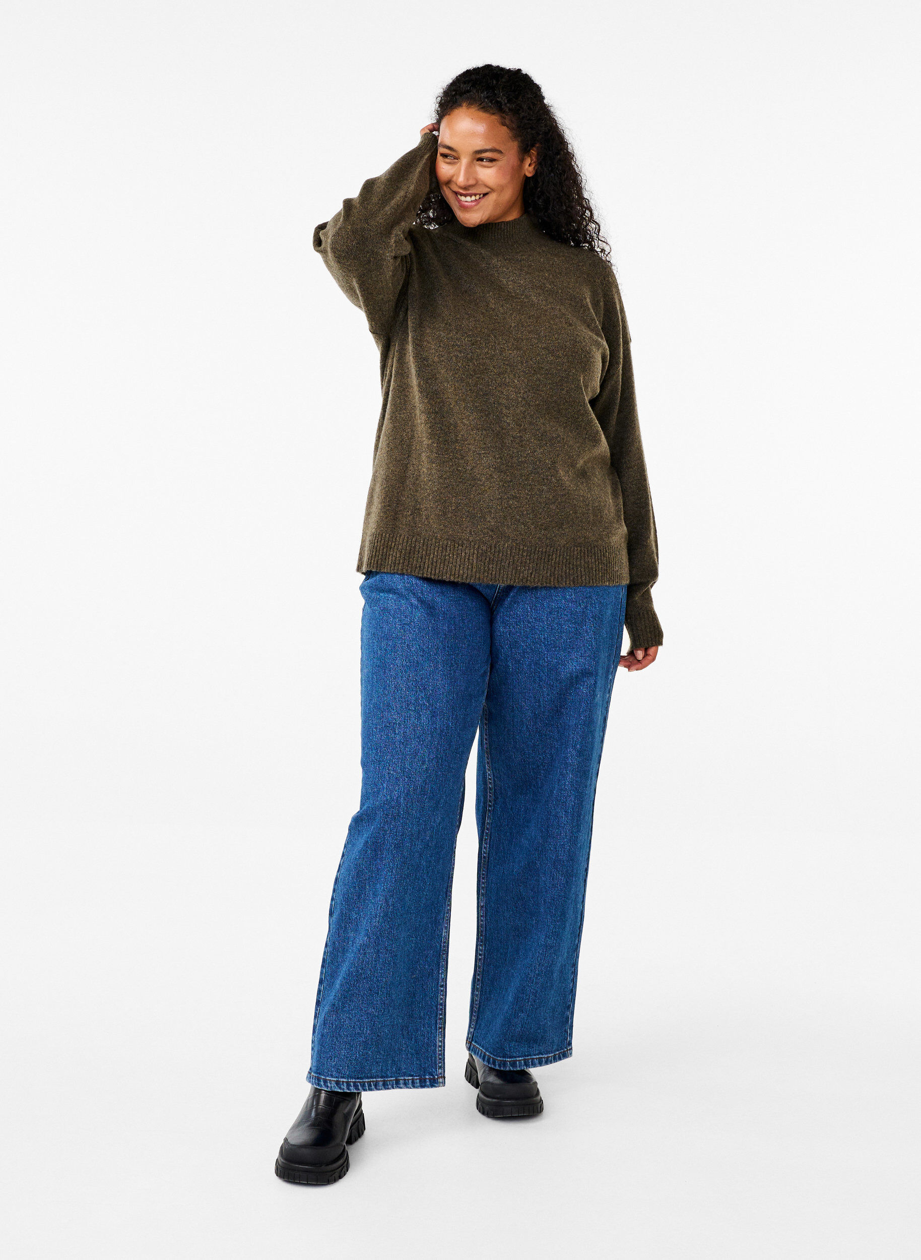 Zizzi Gestrickte Wollbluse mit hohem Kragen, Sea Turtle Mel., Model image number 2