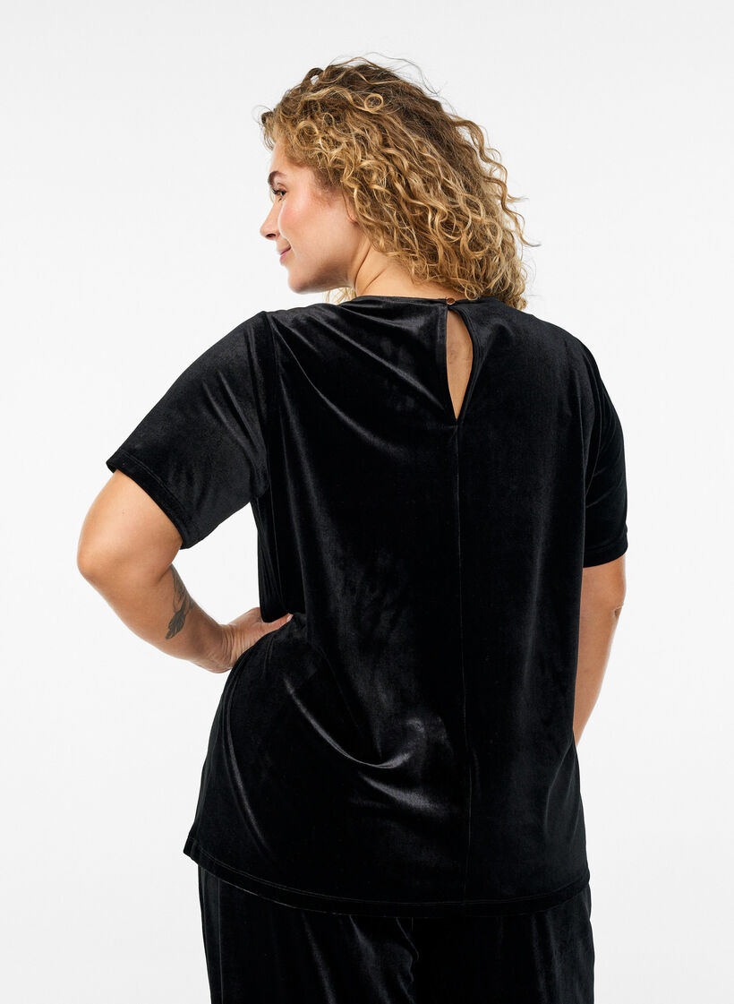 Kurzärmeliges Top aus Velours, Schwarz, Model image number 2