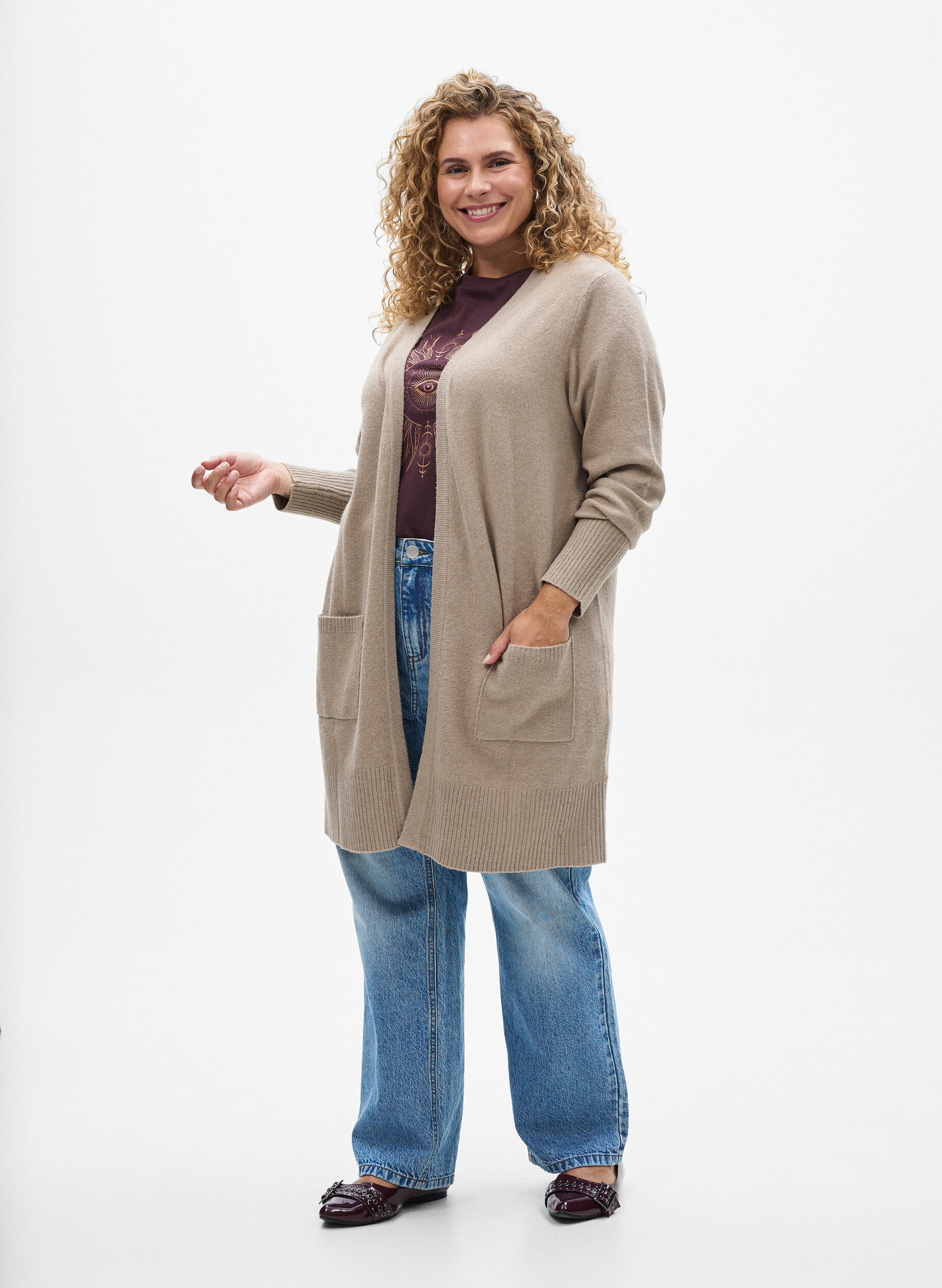 ZizziStrickjacke mit Rippenstrick und Taschen, Beige, Model image number 1