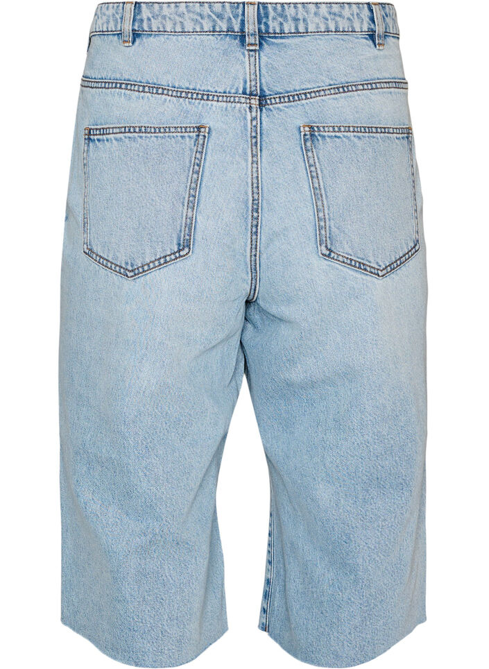 Cropped Jeans mit abgenutzter Optik und offenen Kanten, Blau, Packshot