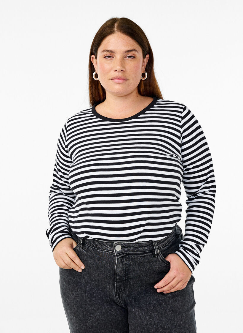 Gestreifte Bluse mit langen Ärmeln, Schwarz, Model image number 0