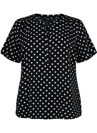 Bluse mit kurzen Ärmeln und V-Ausschnitt , Black w. Dots, Packshot image number 0