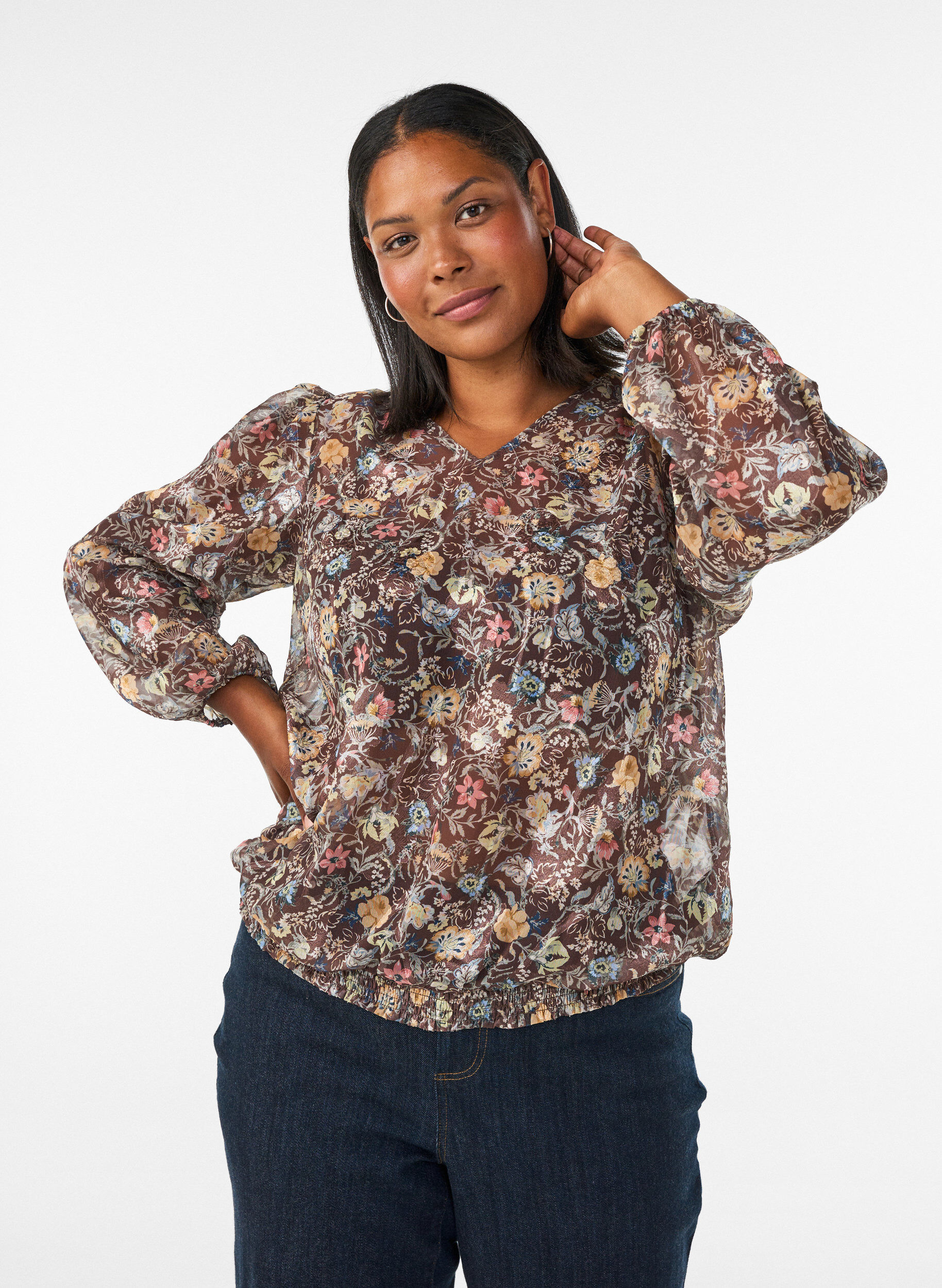 ZizziBluse mit Blumenmuster und Ballon&auml;rmeln, Braun, Model image number 0
