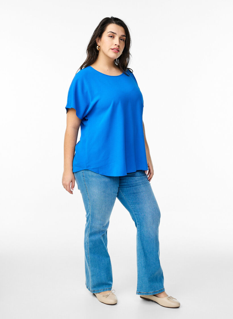 Bluse mit kurzen Ärmeln und einem Rundhalsausschnitt, Blau, Model image number 1