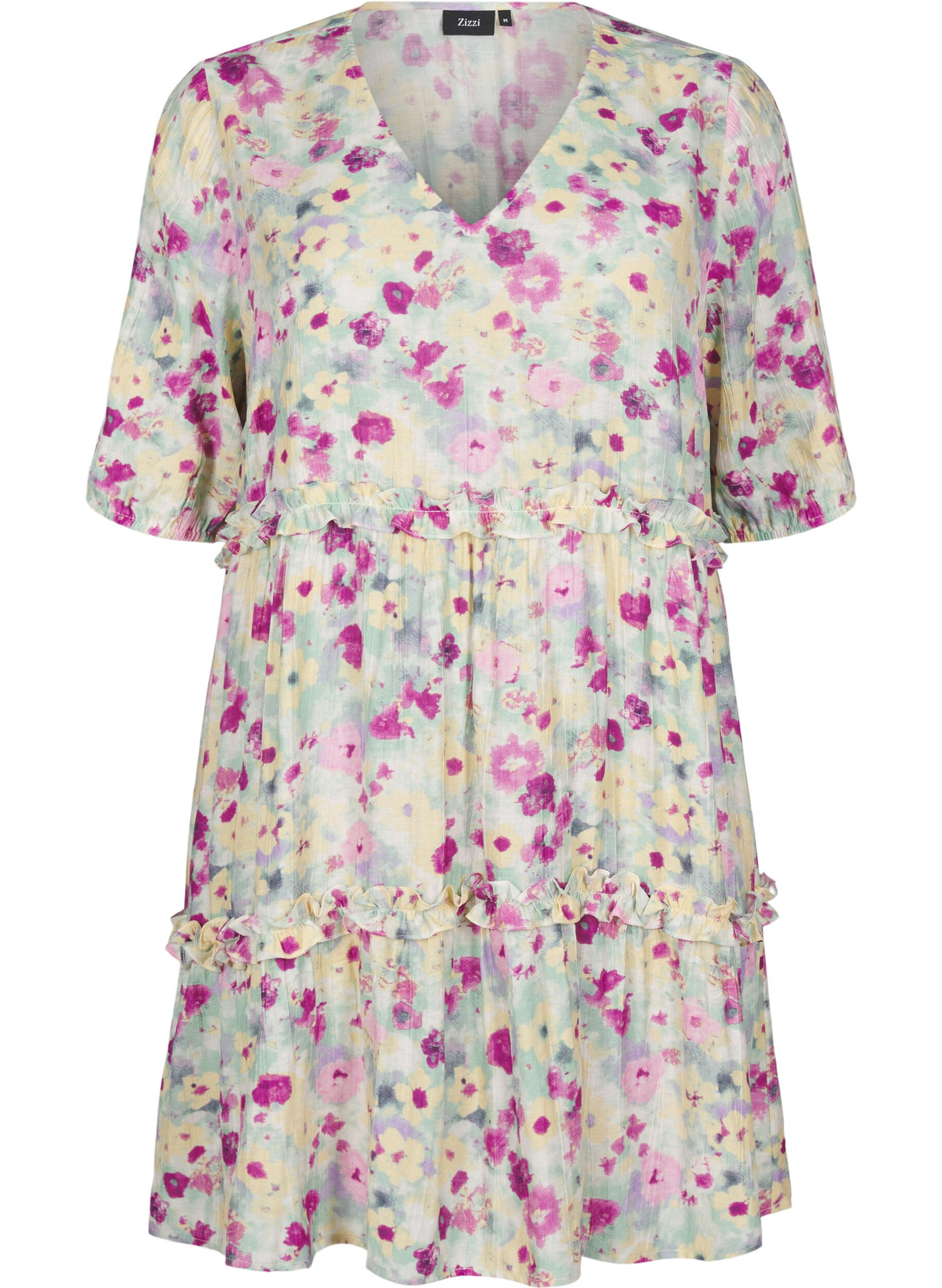 Zizzi Kurzes Sommerkleid mit Blumenprint, Vanille, Packshot image number 0