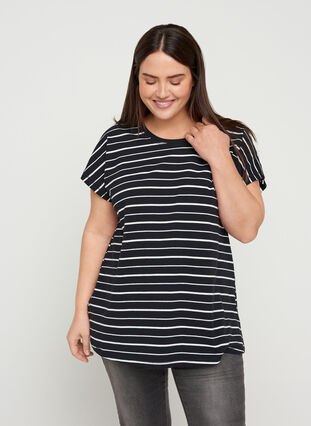 Gestreiftes T-Shirt aus Baumwolle, Black/White Stripe, Model image number 0