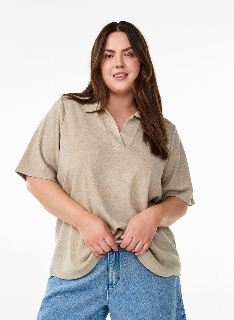Jersey Bluse mit Kragen und kurzen Ärmeln, Braun, Model image number 0