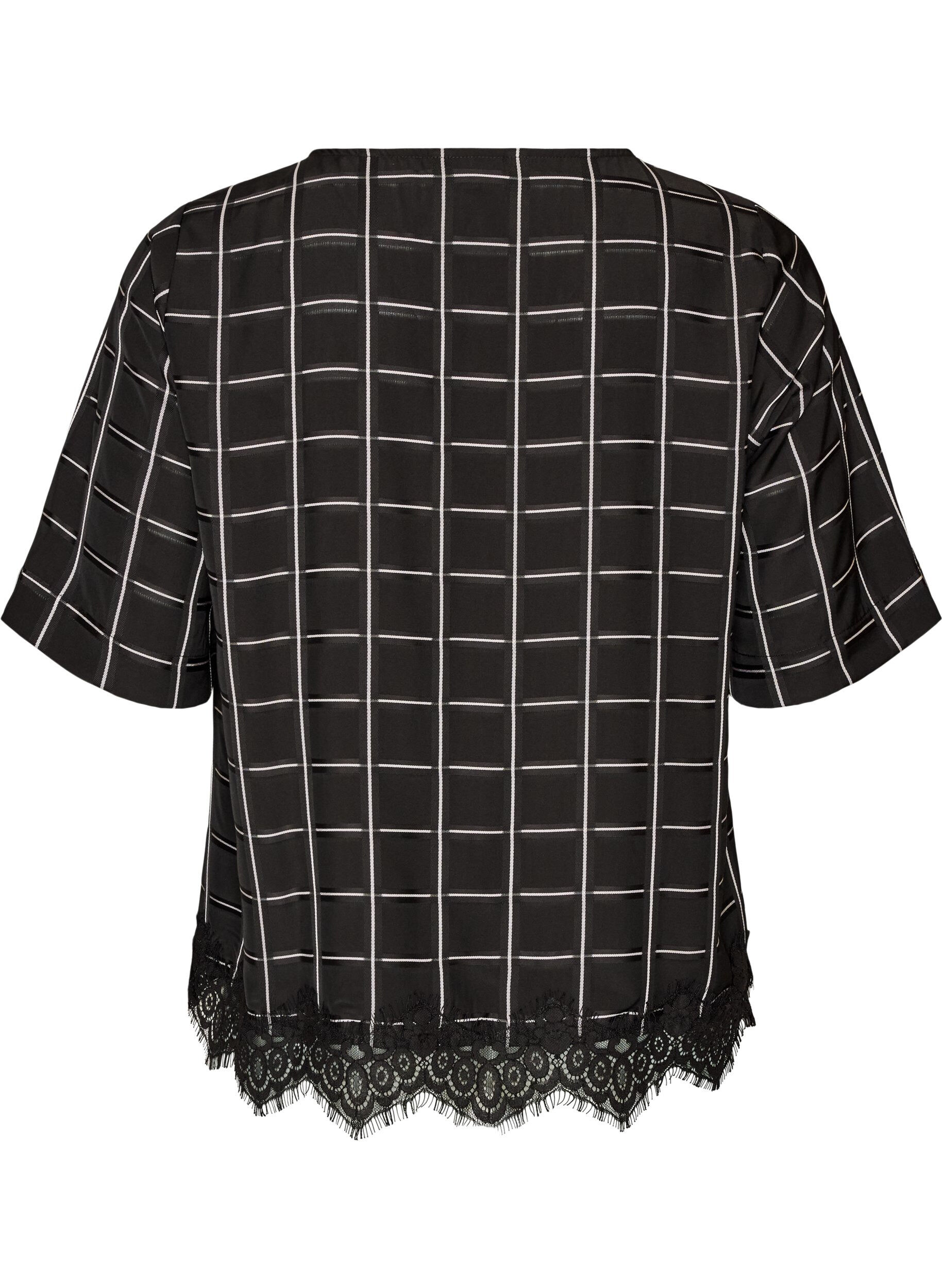 ZizziKarierte Bluse mit Spitzenbesatz und ellenbogenlangen &Auml;rmeln, Schwarz, Packshot image number 1