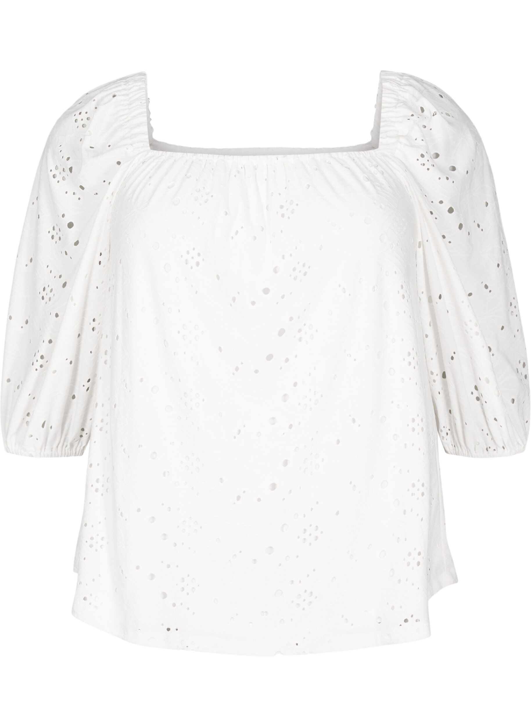 Zizzi Bluse mit kurzen Puff&auml;rmeln und Lochmuster, Wei&szlig;, Packshot image number 0