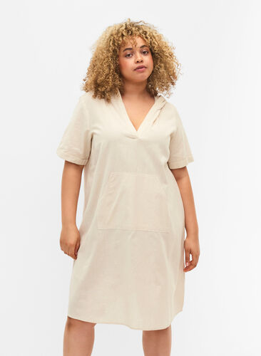 Kurzärmeliges Kleid mit Kapuze, Sandshell, Model image number 0