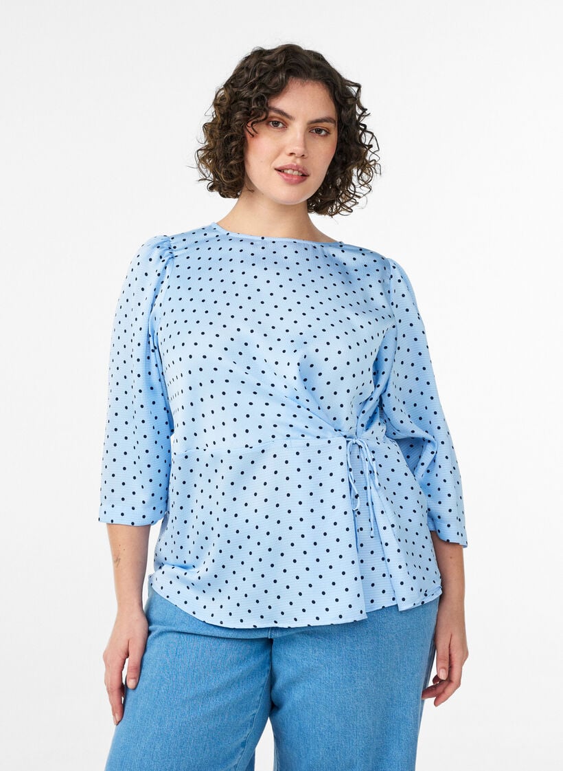 Gepunktete Bluse mit Bindeband und 3/4-&Auml;rmeln, Blau, Model image number 0