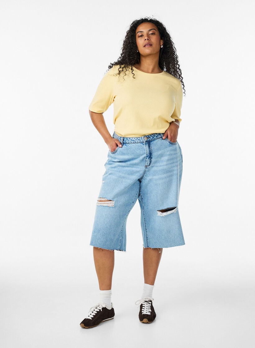 Bluse aus geripptem Jersey mit kurzen &Auml;rmeln, Gelb, Model image number 1