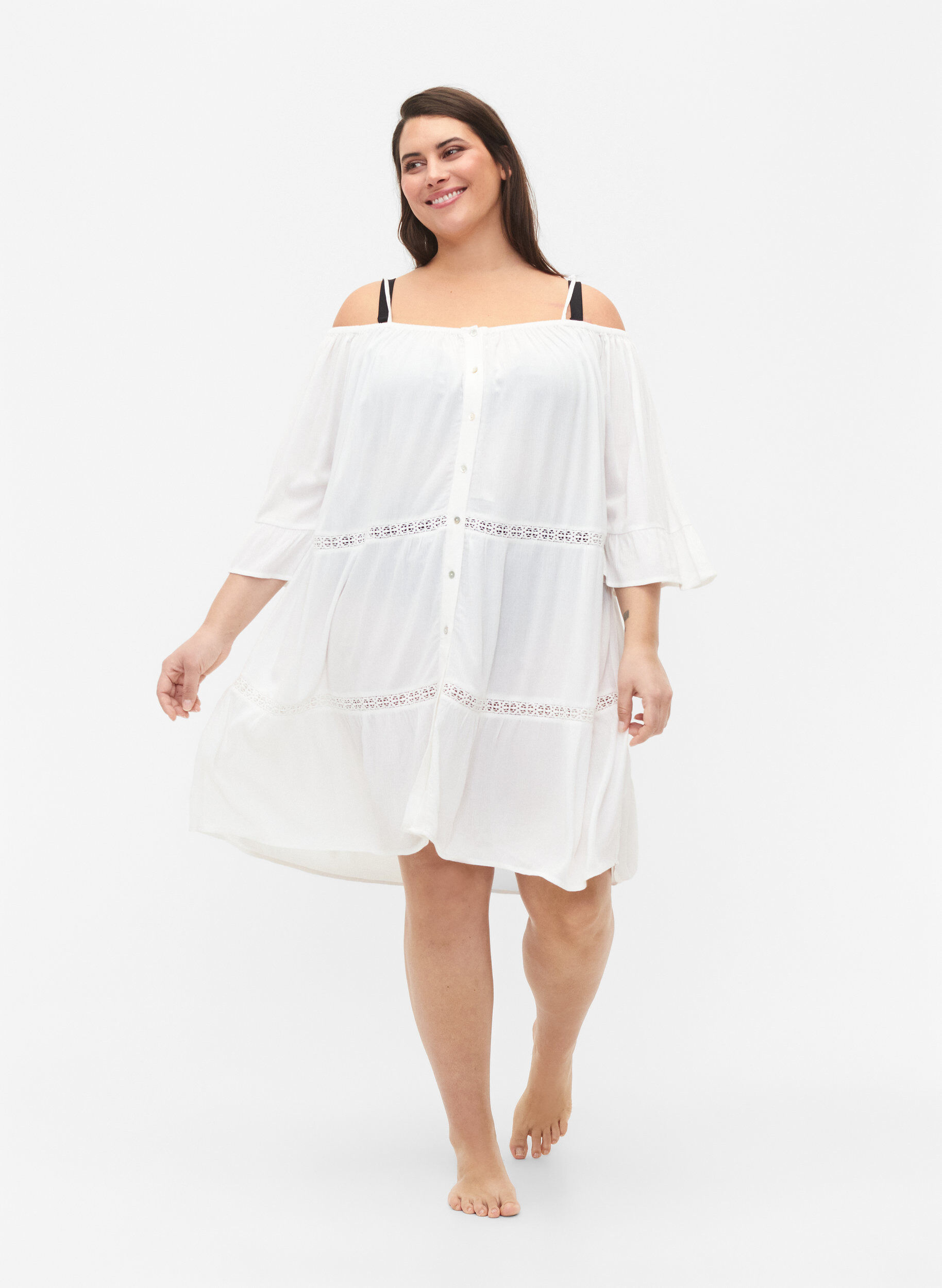 Zizzi Strandtunika mit Off-Shoulder, White, Model image number 2