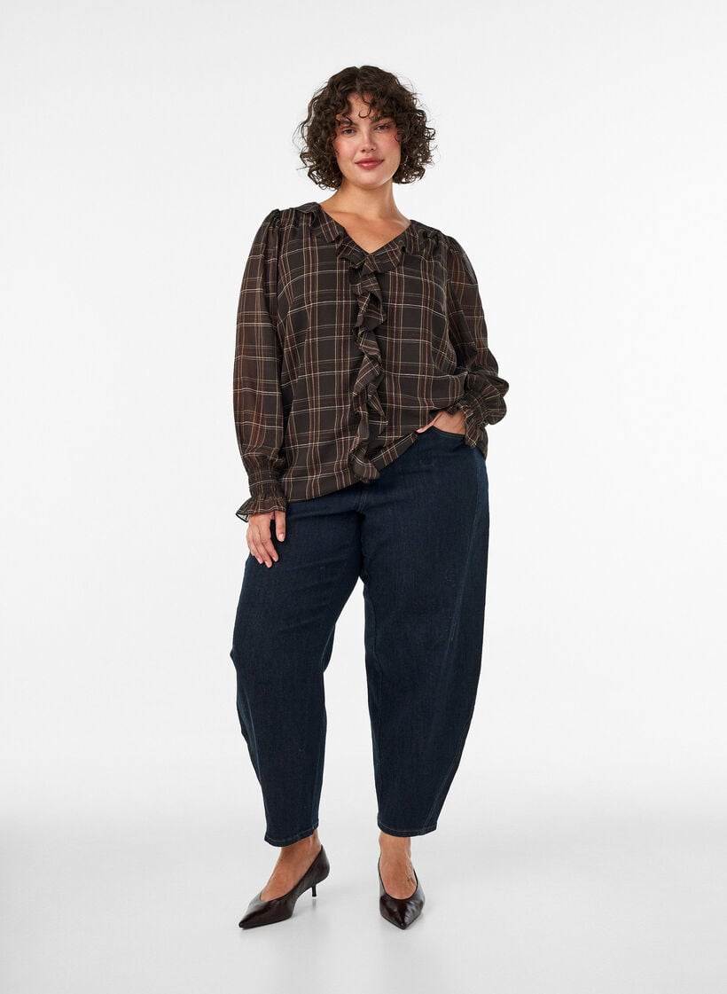 Bluse mit Karomuster und R&uuml;schendetails, Gr&uuml;n, Model image number 1
