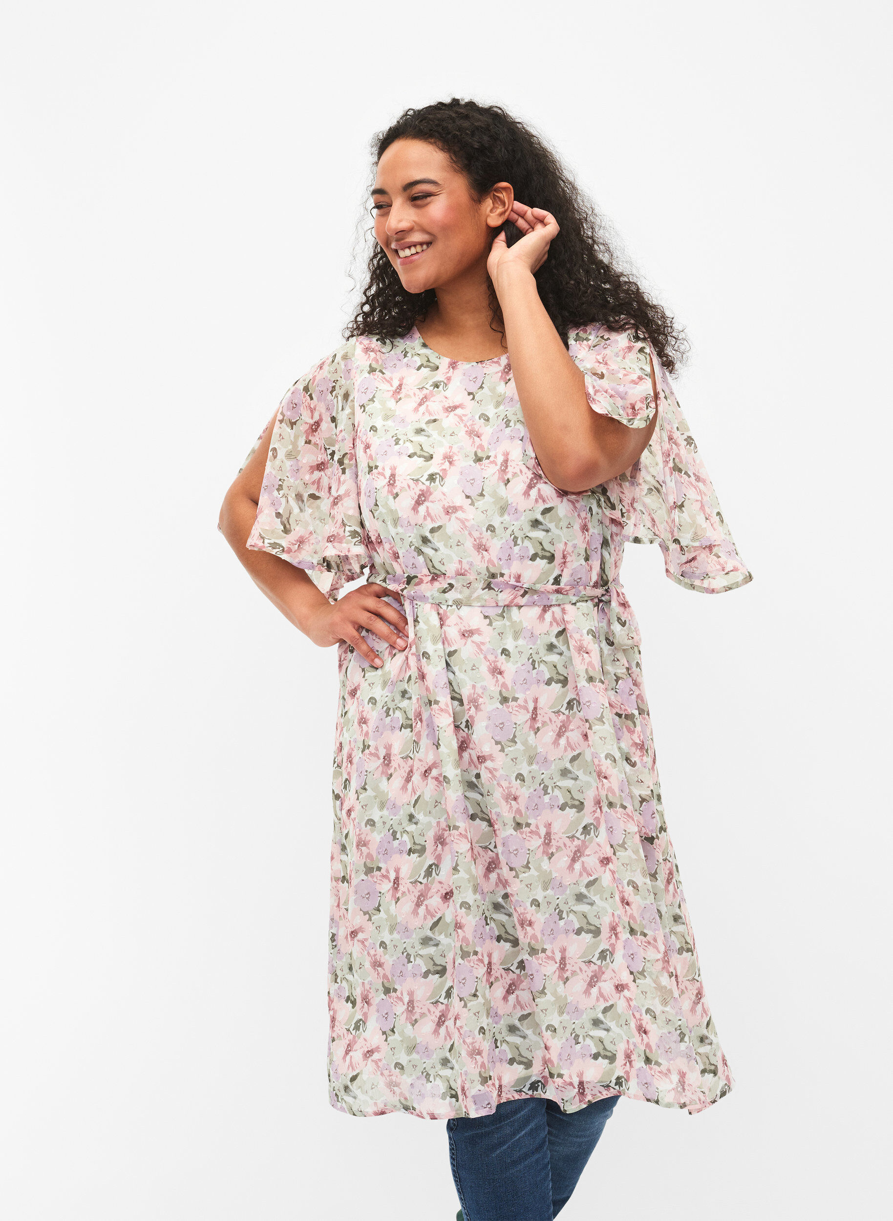 ZizziGebl&uuml;mtes Kleid mit Bindeband, Flower AOP, Model image number 0