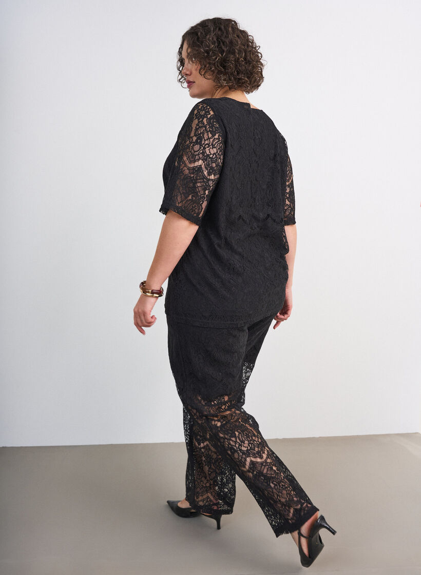 Spitzenhose mit geradem Bein und Innenhose, Schwarz, Model image number 1