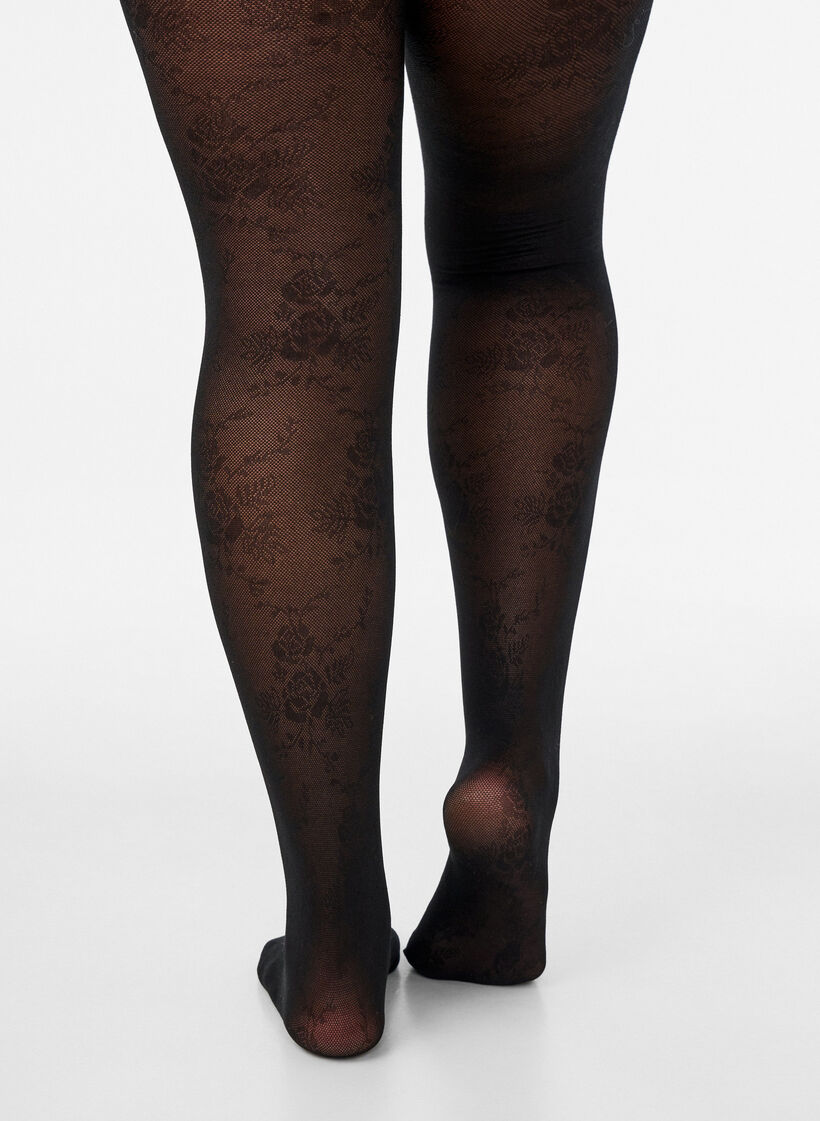 50-Den-Strumpfhose mit Blumenmuster, Schwarz, Model image number 3
