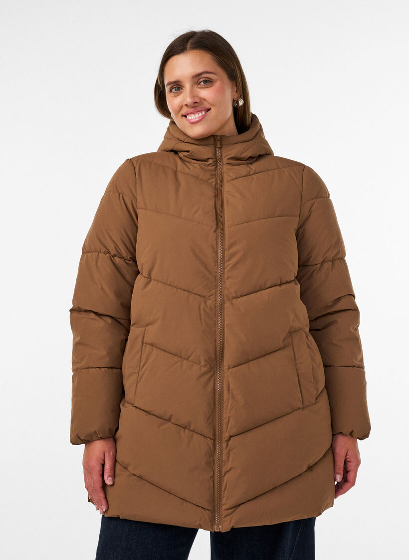 Mittellange Steppjacke mit Kapuze, Braun, Model image number 0