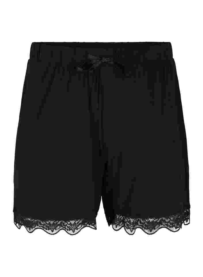 Kurze Schlafanzughose aus Viskose mit Spitzendetails, Black, Packshot image number 0