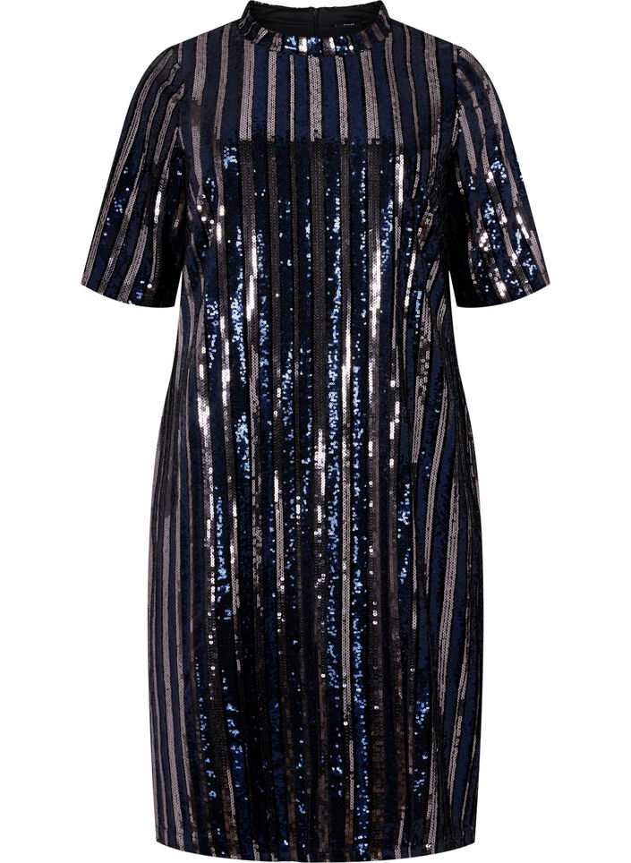 Kurzärmeliges Paillettenkleid mit Schlitz, Evening Blue Stripe , Packshot image number 0