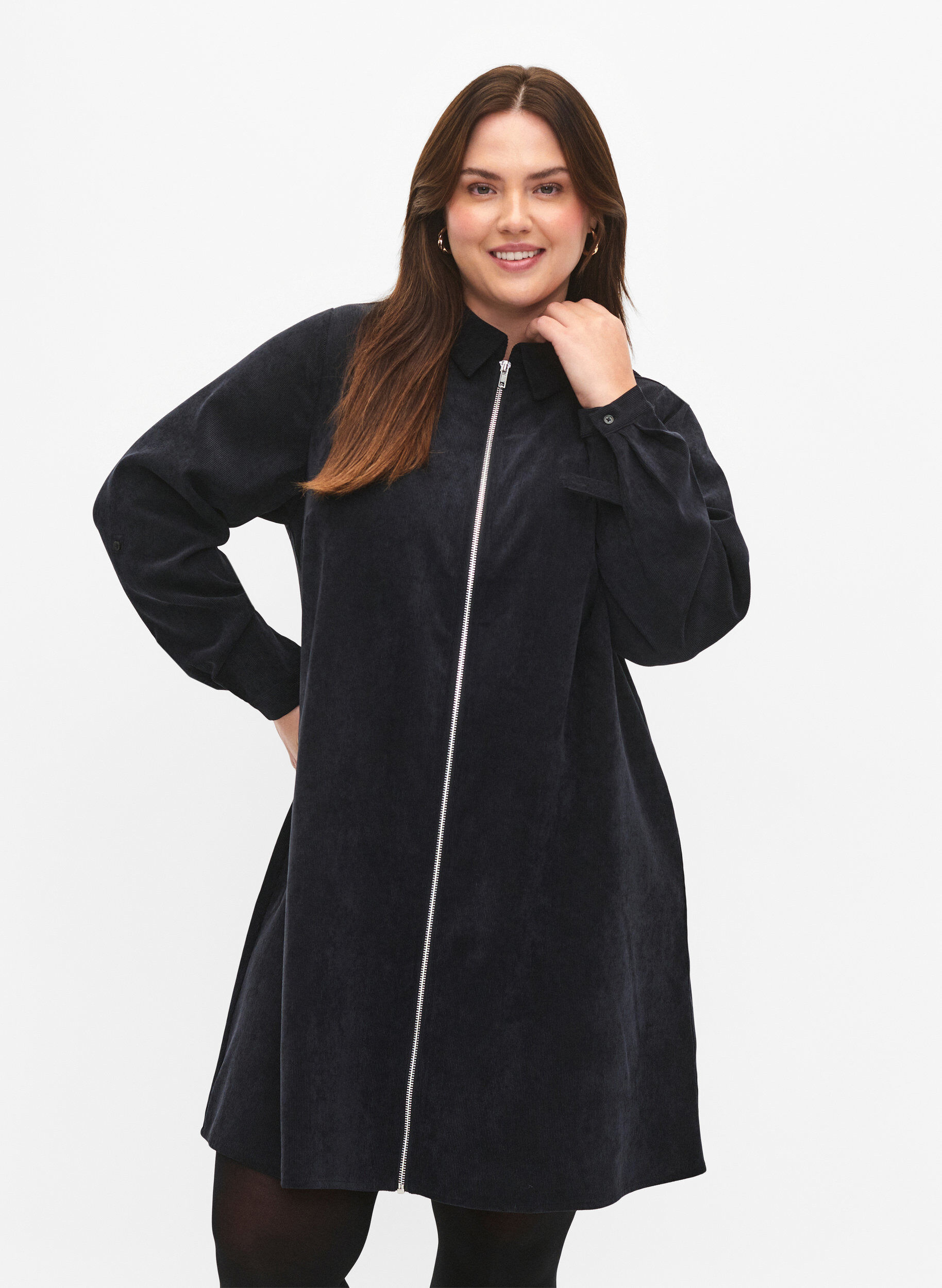 Samtkleid mit Rei&szlig;verschluss und 3/4-&Auml;rmeln, Schwarz, Model