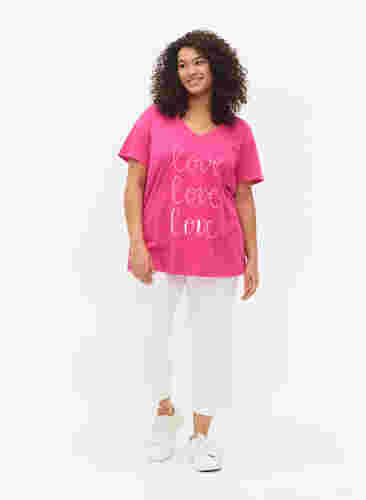 T-Shirt aus Baumwolle mit V-Ausschnitt und Druck, Fuchsia Purple Love, Model image number 2