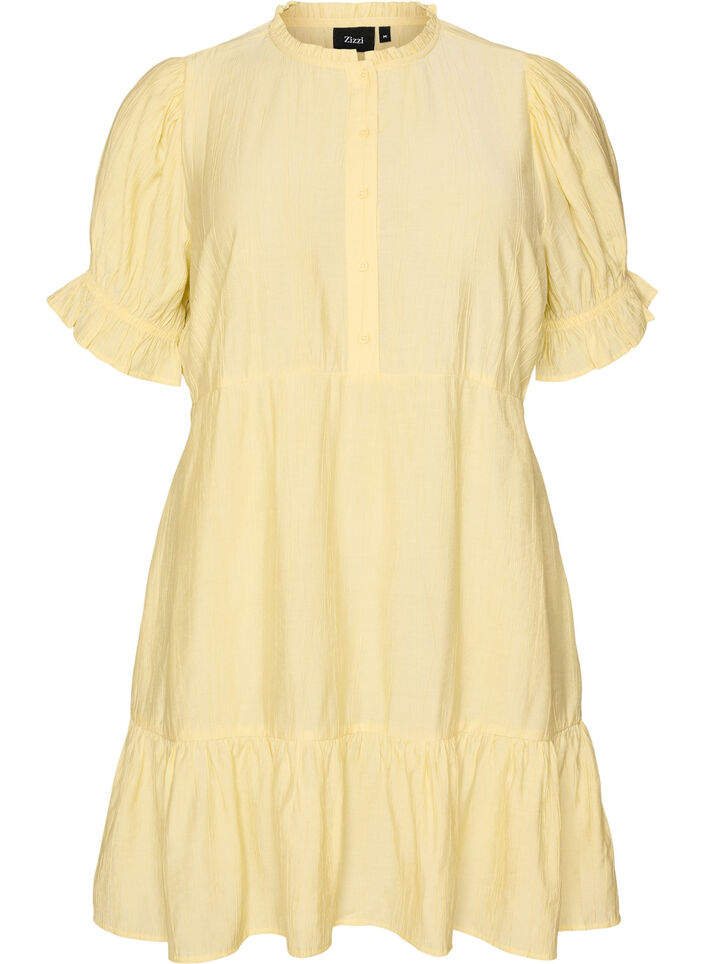 Kurzes Kleid aus Viskose mit R&uuml;schendetails, Gelb, Packshot image number 0