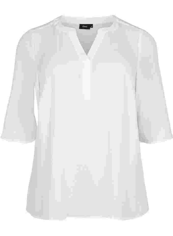 Bluse mit 3/4 Ärmeln und V-Ausschnitt, Bright White, Packshot image number 0