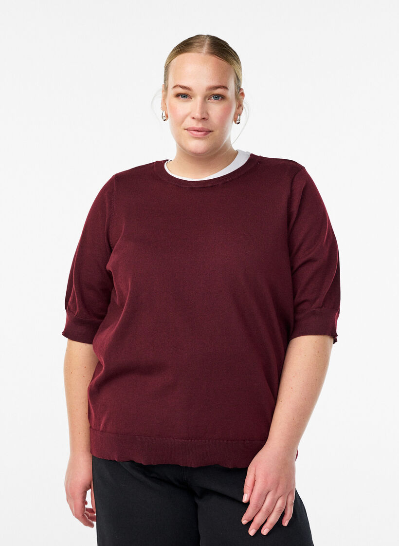Fein gestrickte Bluse mit kurzen &Auml;rmeln, Rot, Model image number 0