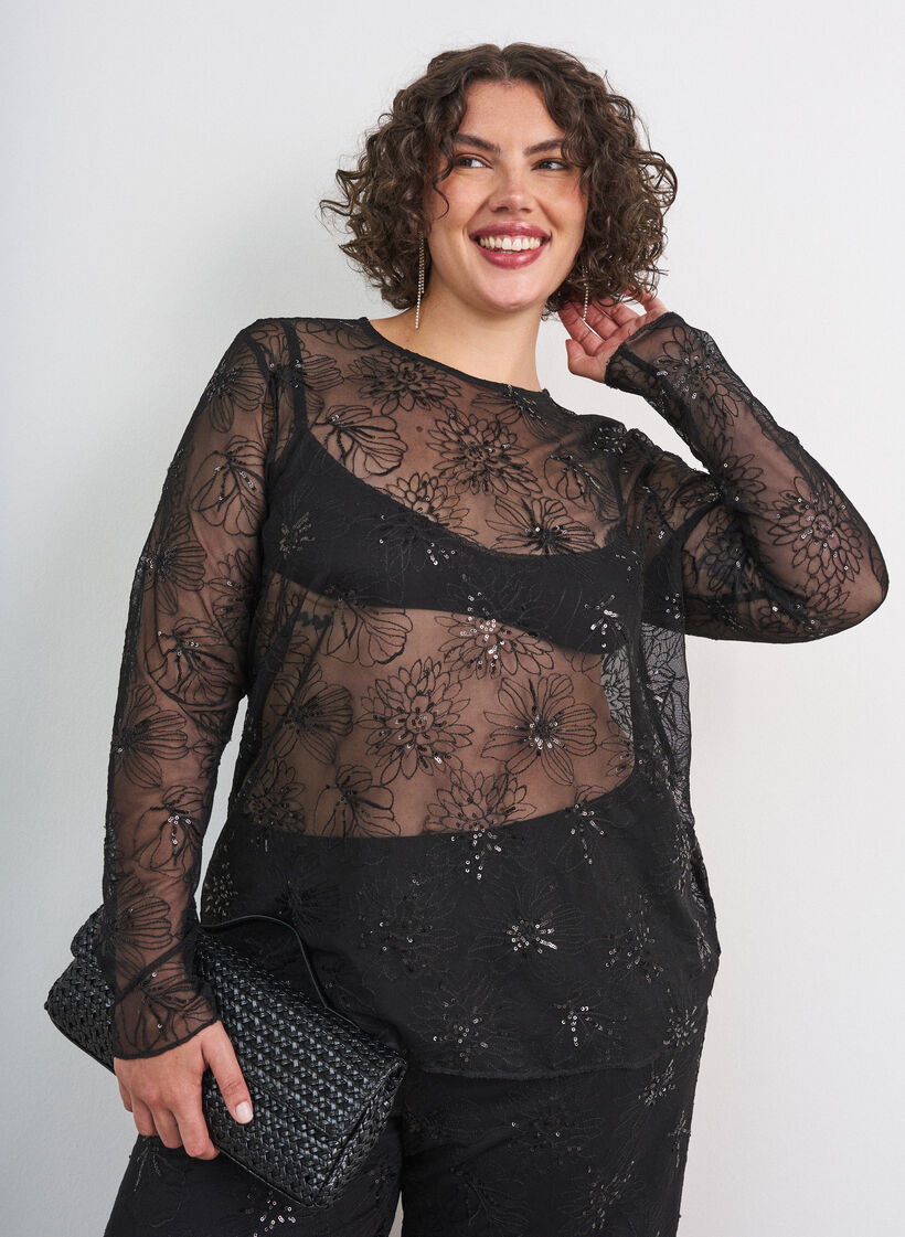 Bluse aus Mesh mit Blumen und Pailletten, Schwarz, Model image number 0