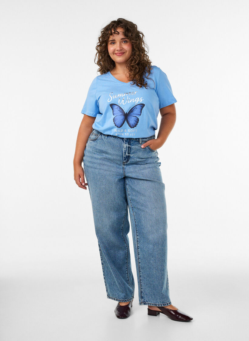 T-Shirt aus Baumwolle mit Frontprint und V-Ausschnitt, Blau, Model image number 1