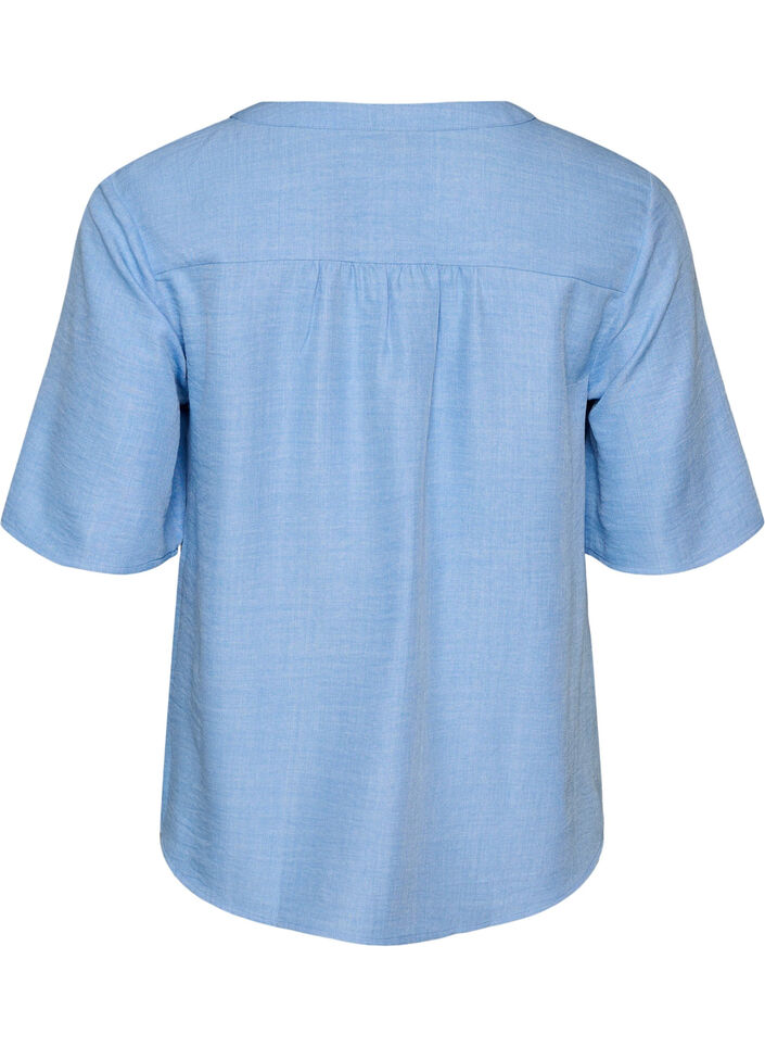 Hemdbluse mit V-Ausschnitt und kurzen &Auml;rmeln, Blau, Packshot image number 1