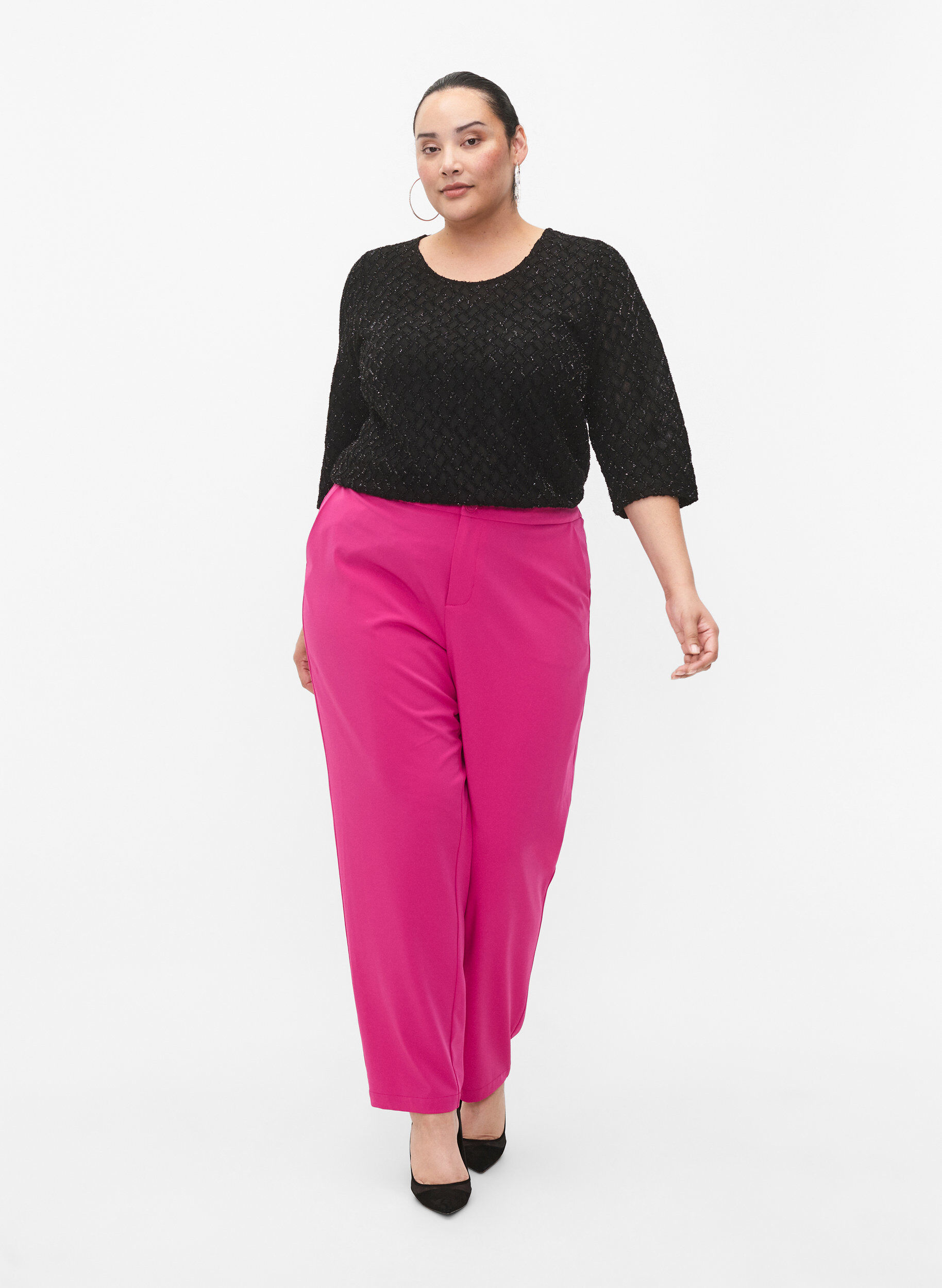 Zizzi Gemusterte Bluse mit 3/4-&Auml;rmeln und Glitzer, Black, Model image number 2