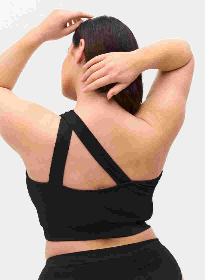 One-Shoulder Bikinitop aus Ripp, Black, Model image number 1