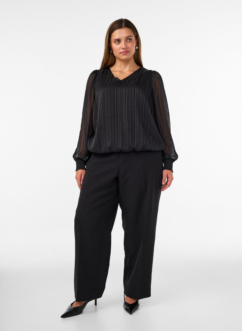 Gestreifte Bluse in Ballonform, Schwarz, Model image number 1