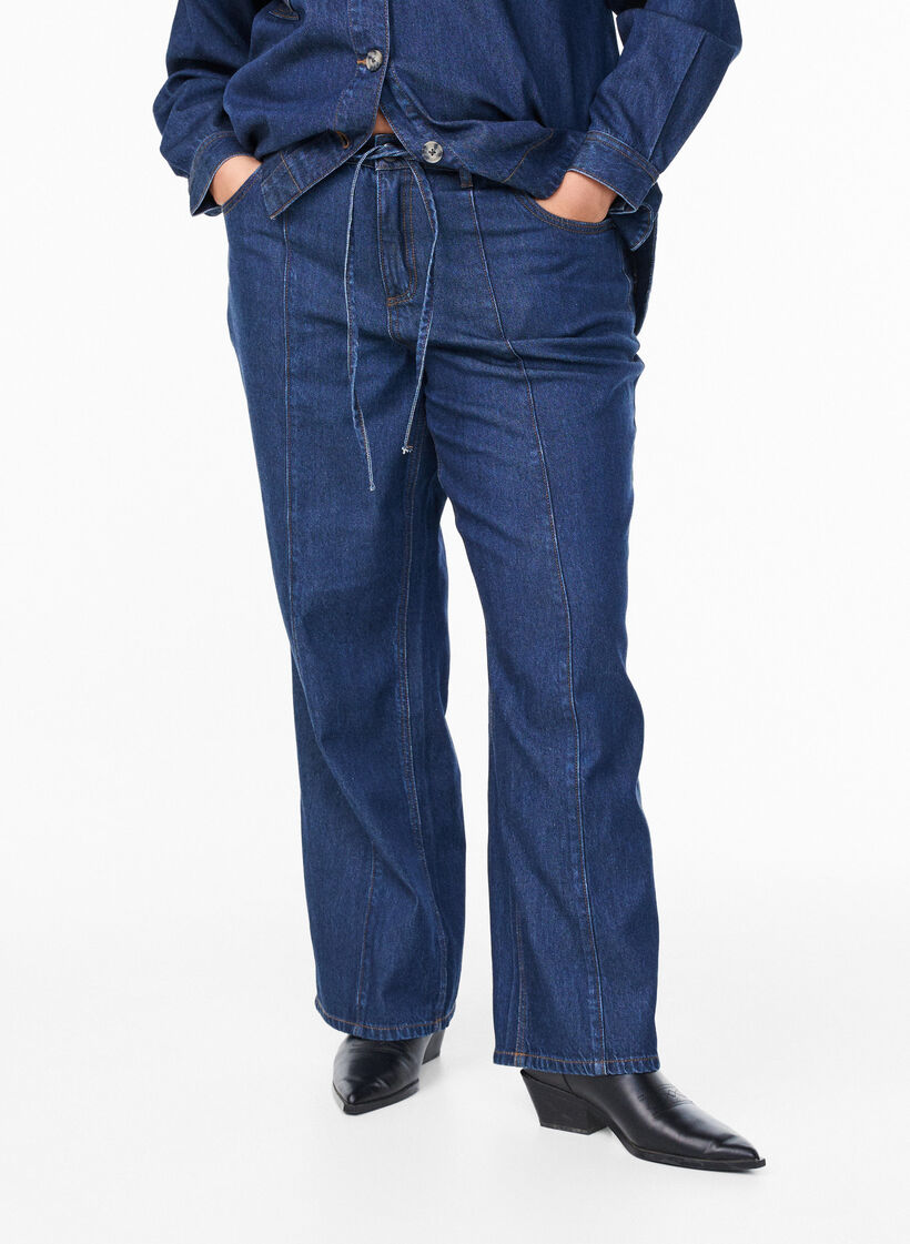 Wide Leg Jeans mit Bindegürtel und hoher Taille, Blau, Model image number 2