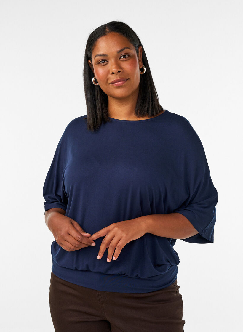 Bluse aus Jersey mit ellbogenlangen Ballon&auml;rmeln, Blau, Model image number 0
