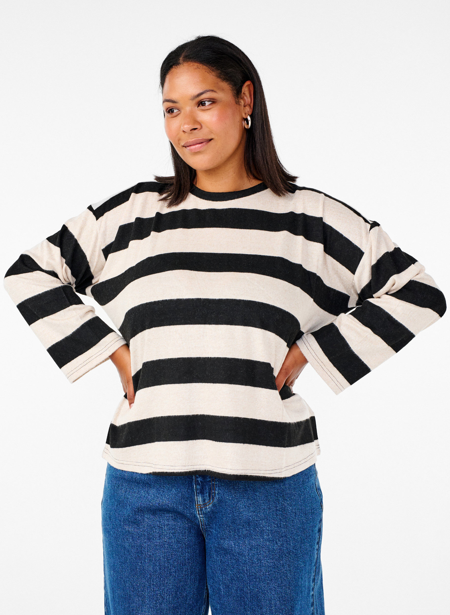 Zizzi  Lang&auml;rmlige Bluse mit Streifenmuster, Bl. Beige Mel.Stripe, Model image number 0
