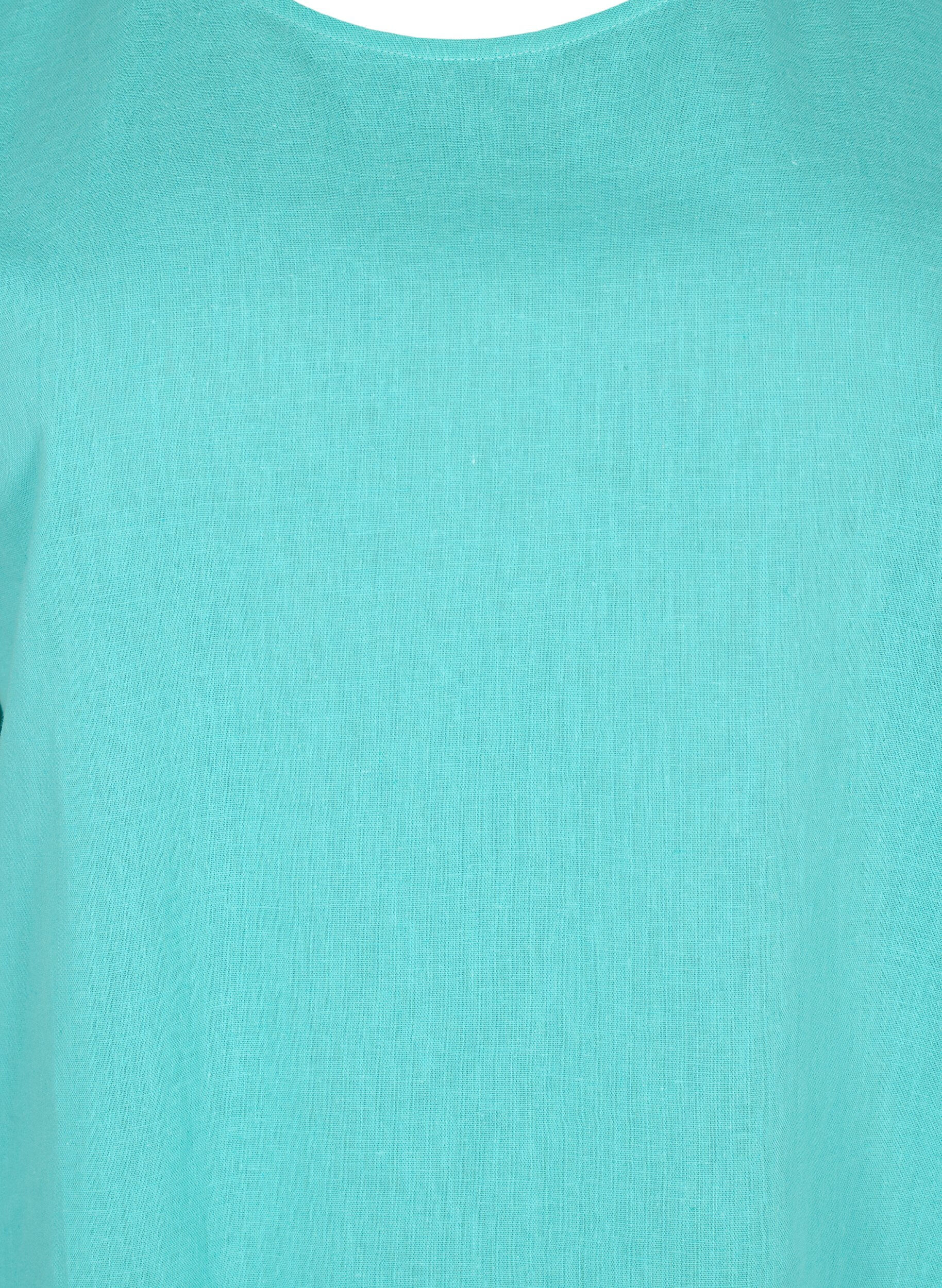 Zizzi Kurz&auml;rmelige Bluse aus Baumwollmischung mit Leinen, Turquoise, Packshot image number 2