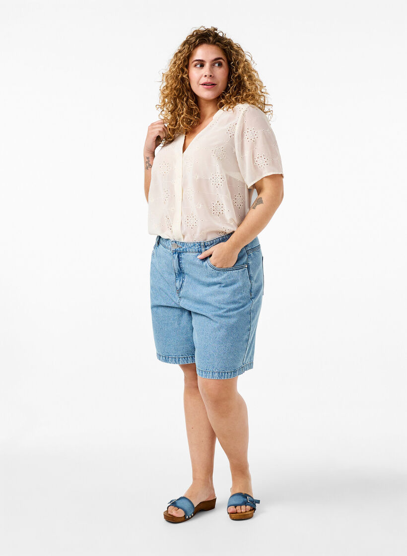 Kurzarm-Hemdbluse mit Anglaise-Stickerei, Antique White, Model image number 2