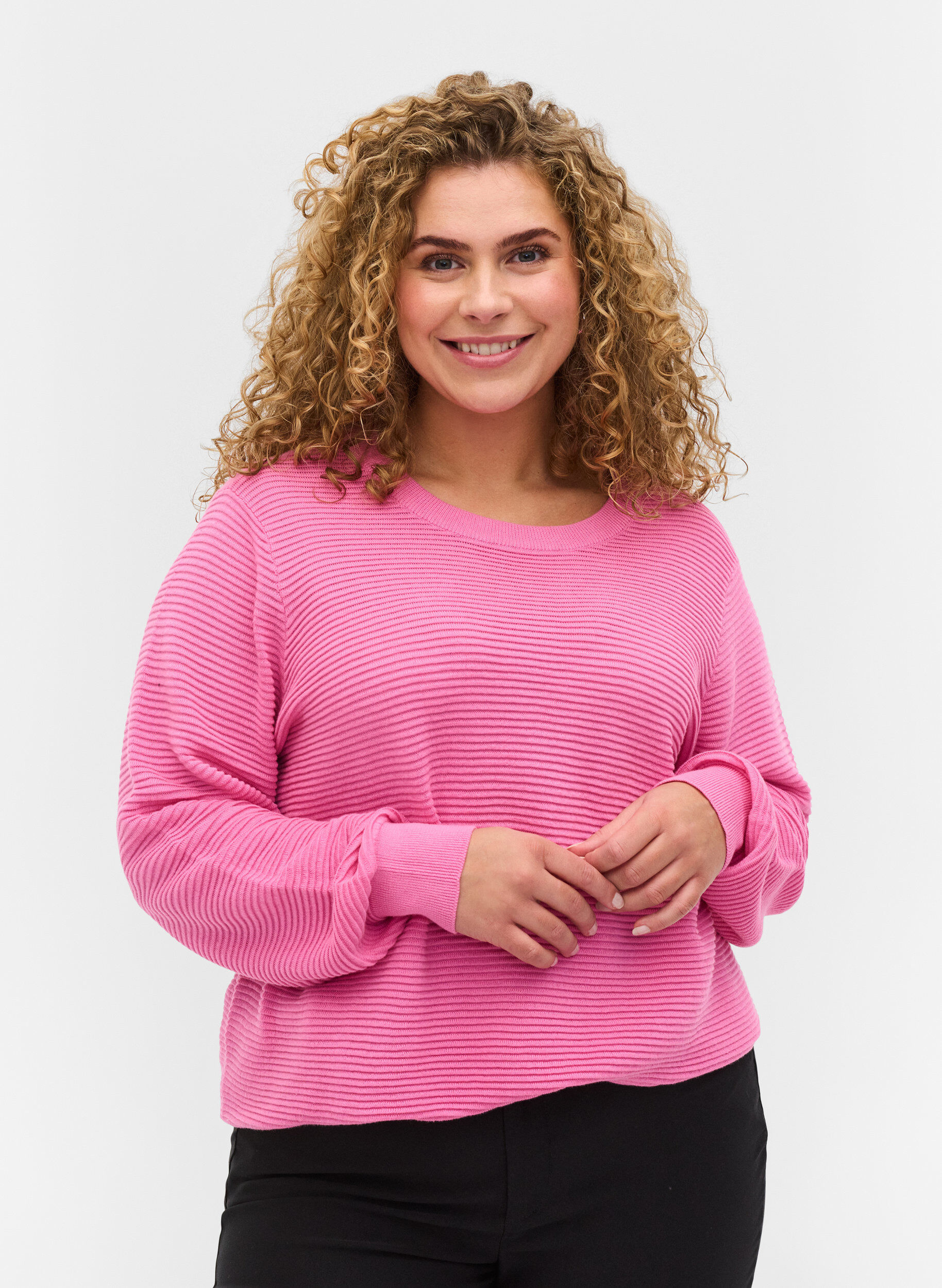 Zizzi Langarm Strickbluse aus Bio-Baumwolle, Wild Orchid, Model image number 0