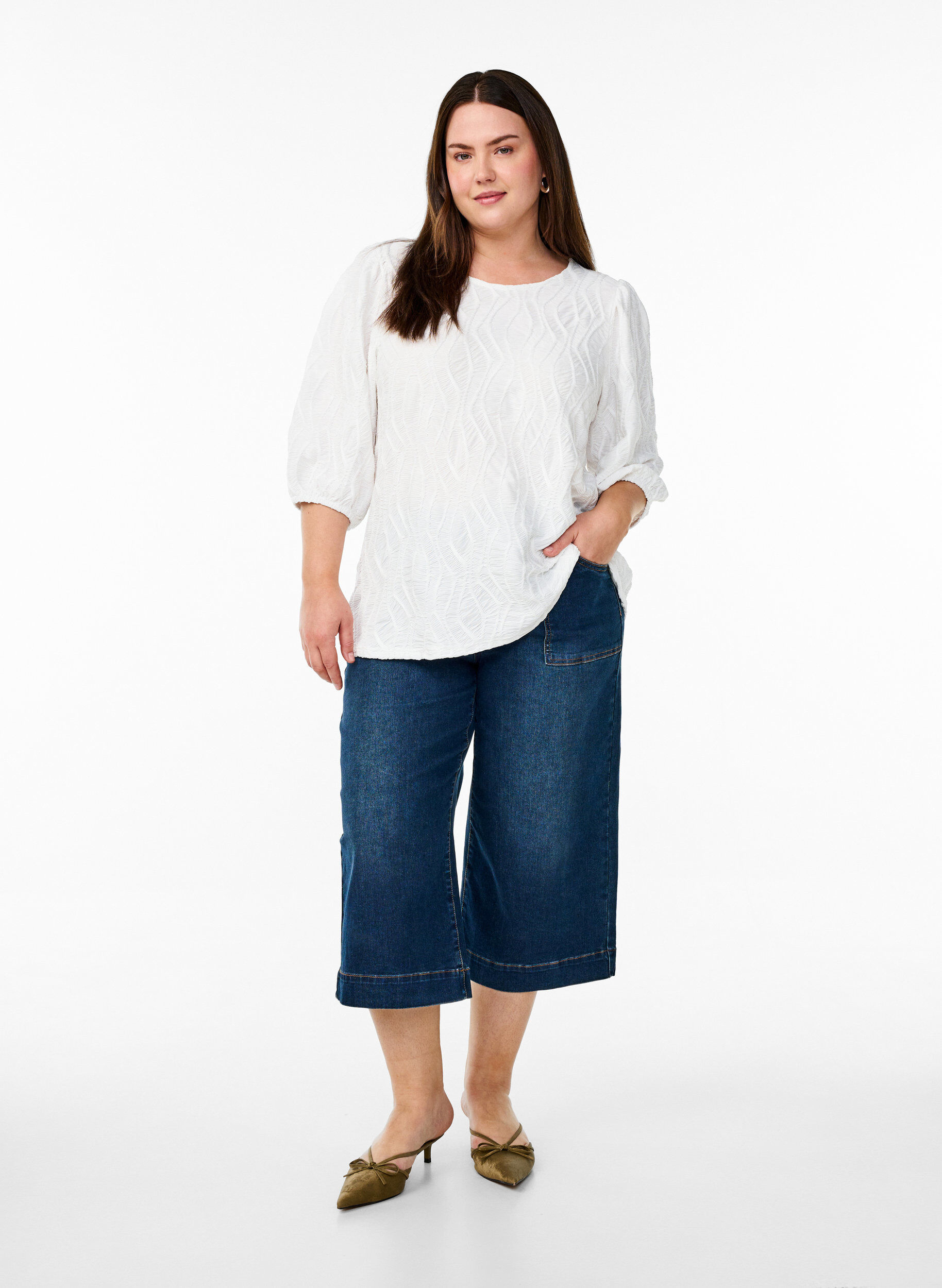 Zizzi Bluse mit Struktur und 3/4-&Auml;rmeln, Wei&szlig;, Model image number 1