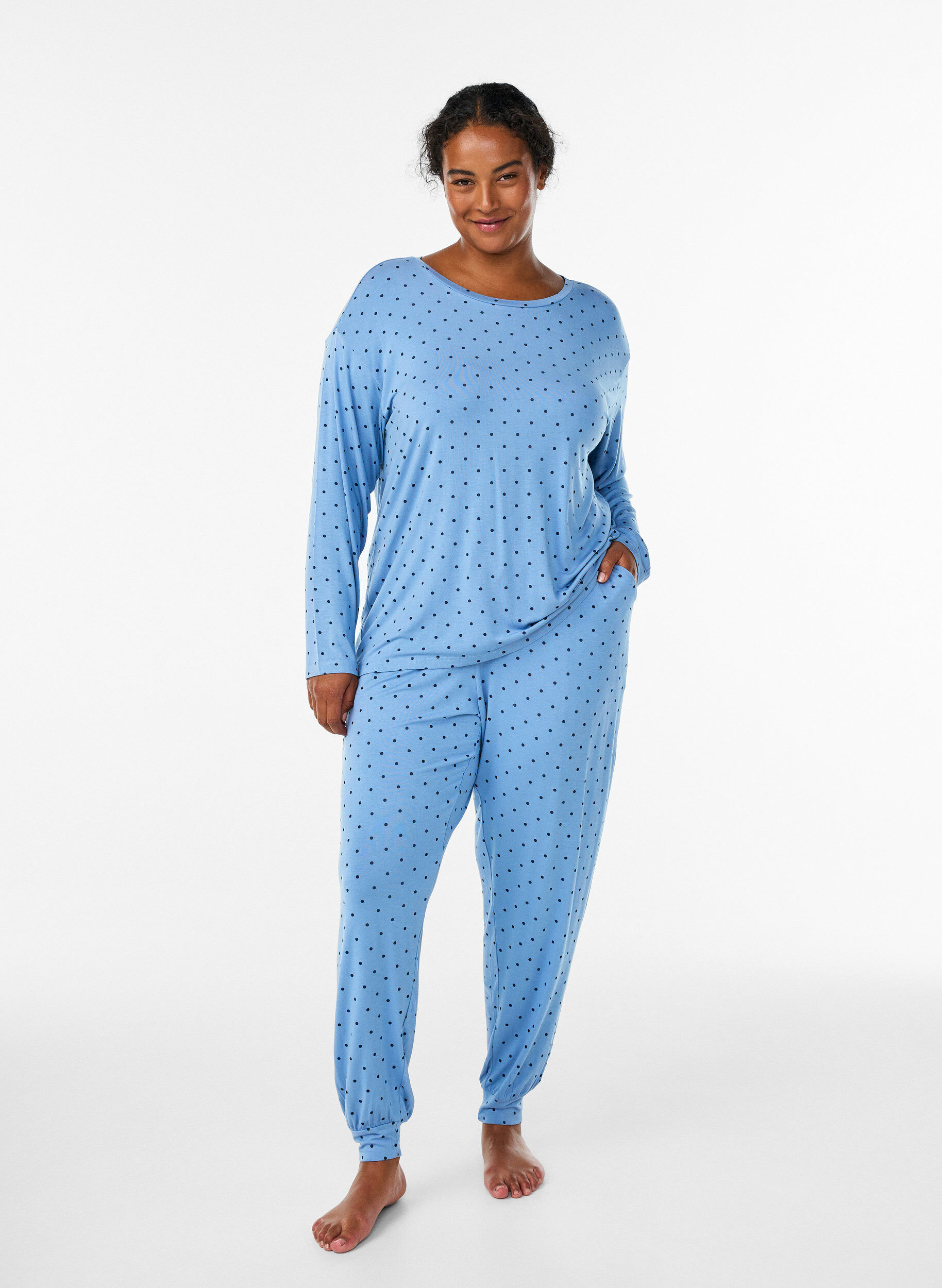 Zizzi Schlafbluse aus Modal mit langen &Auml;rmeln, Blau, Model image number 1