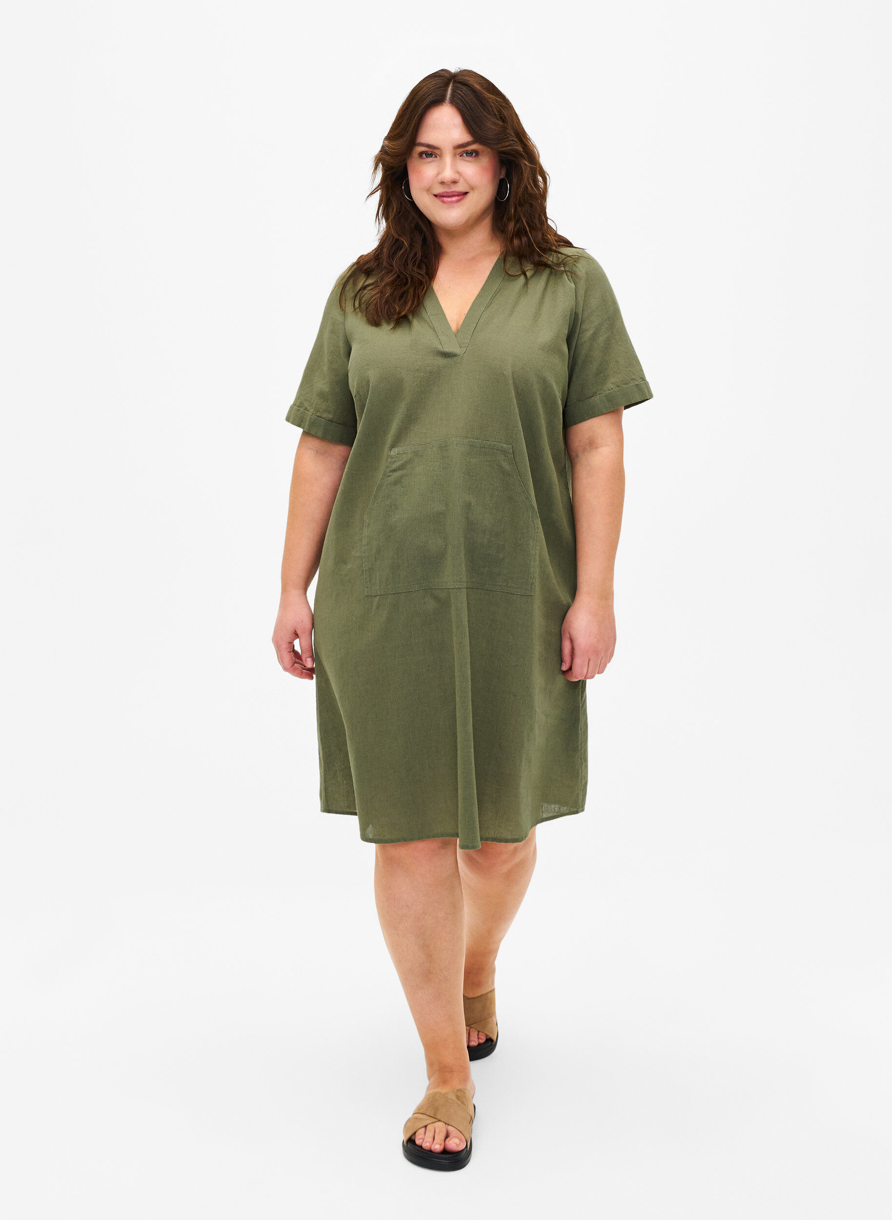 Zizzi Kapuzenkleid aus Baumwollmischung mit Leinen, Deep Lichen Green, Model image number 2