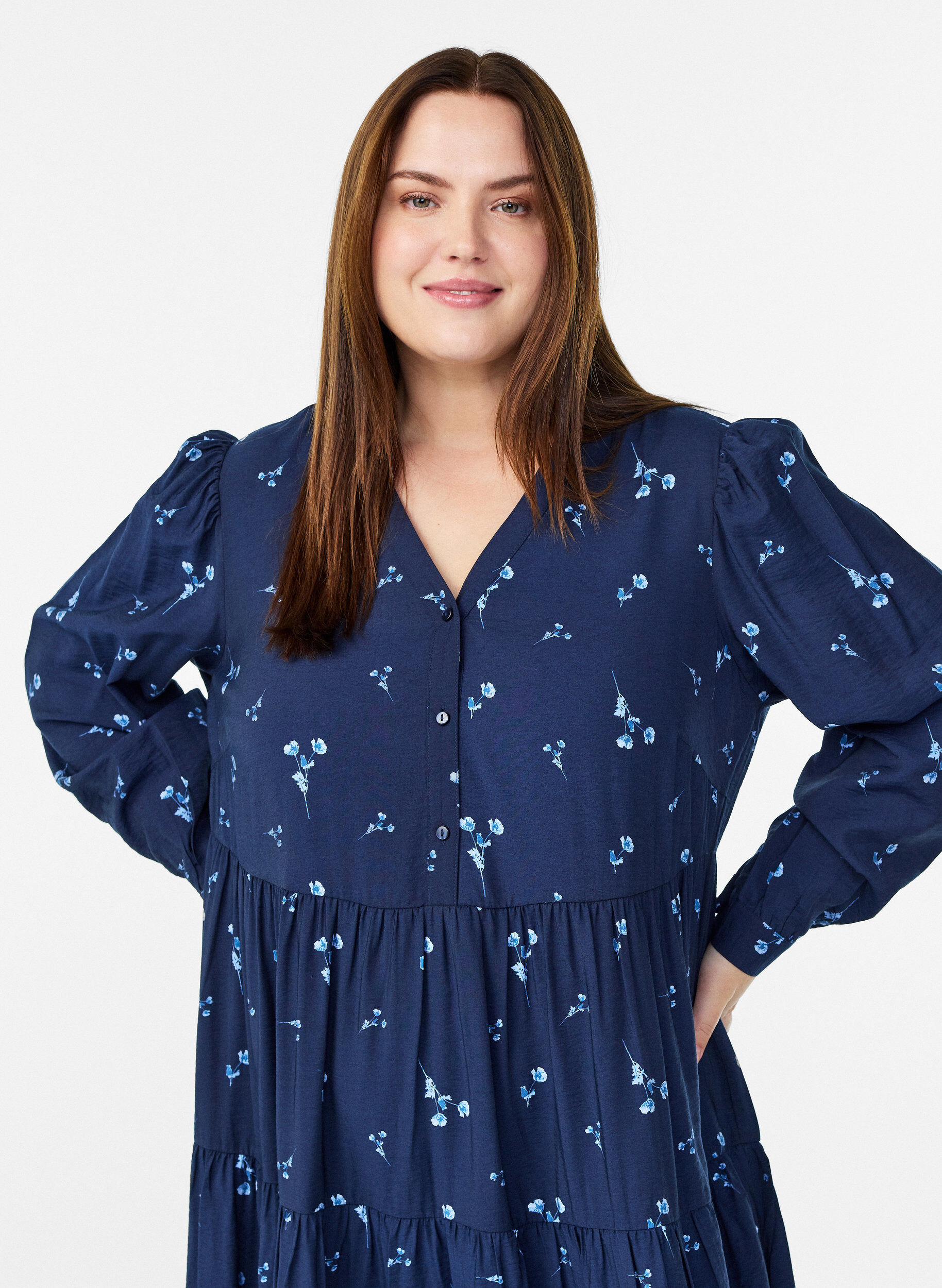 Zizzi Midikleid mit V-Ausschnitt und A-Linienform, Blau, Model image number 2