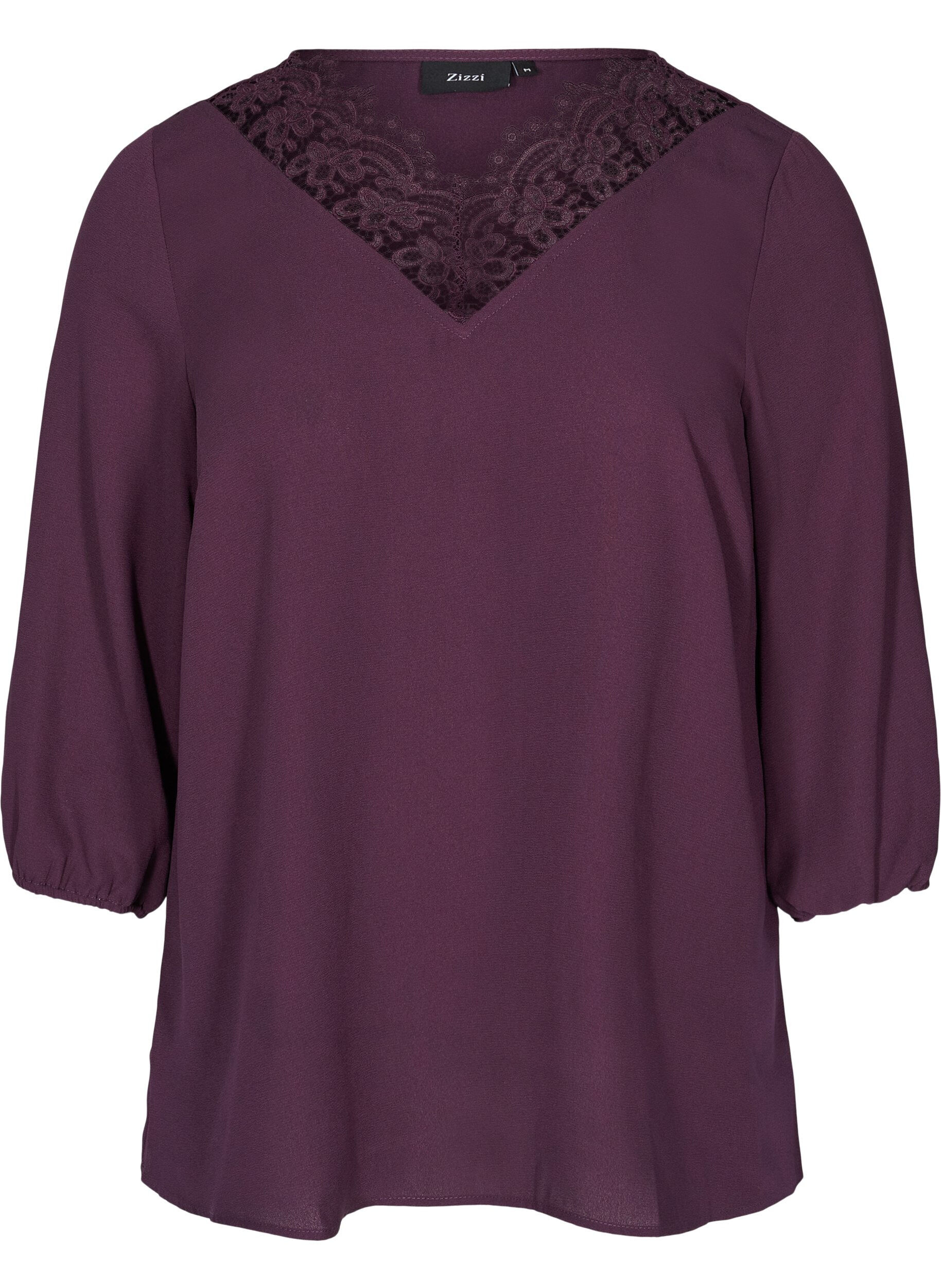 Zizzi Einfarbige Bluse mit Spitze und 3/4-&Auml;rmeln, Plum Perfect, Packshot image number 0