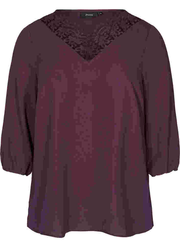 Einfarbige Bluse mit Spitze und 3/4-Ärmeln, Plum Perfect, Packshot image number 0