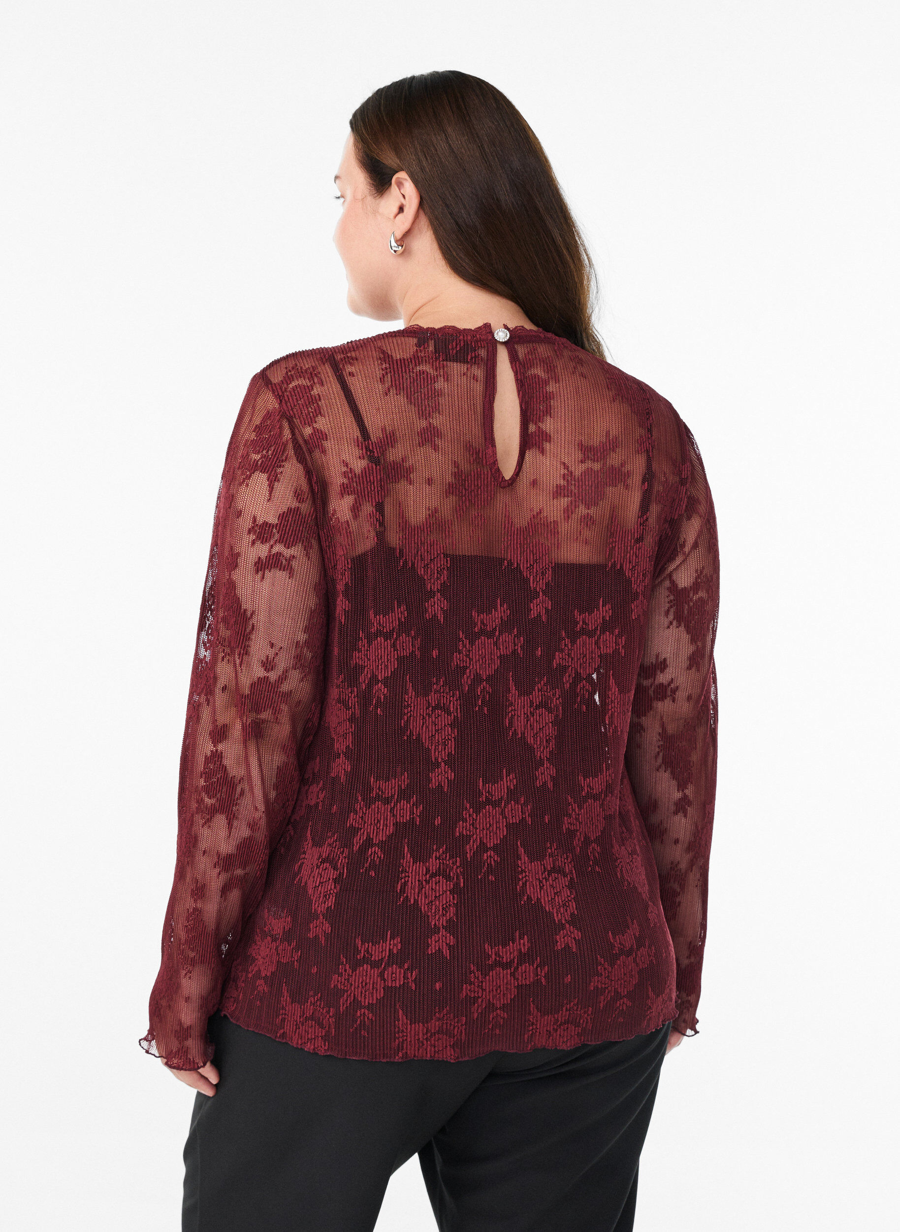 Zizzi Lang&auml;rmelige Bluse aus Mesh mit Spitzenmuster, Dunkles Bordeaux, Model image number 2