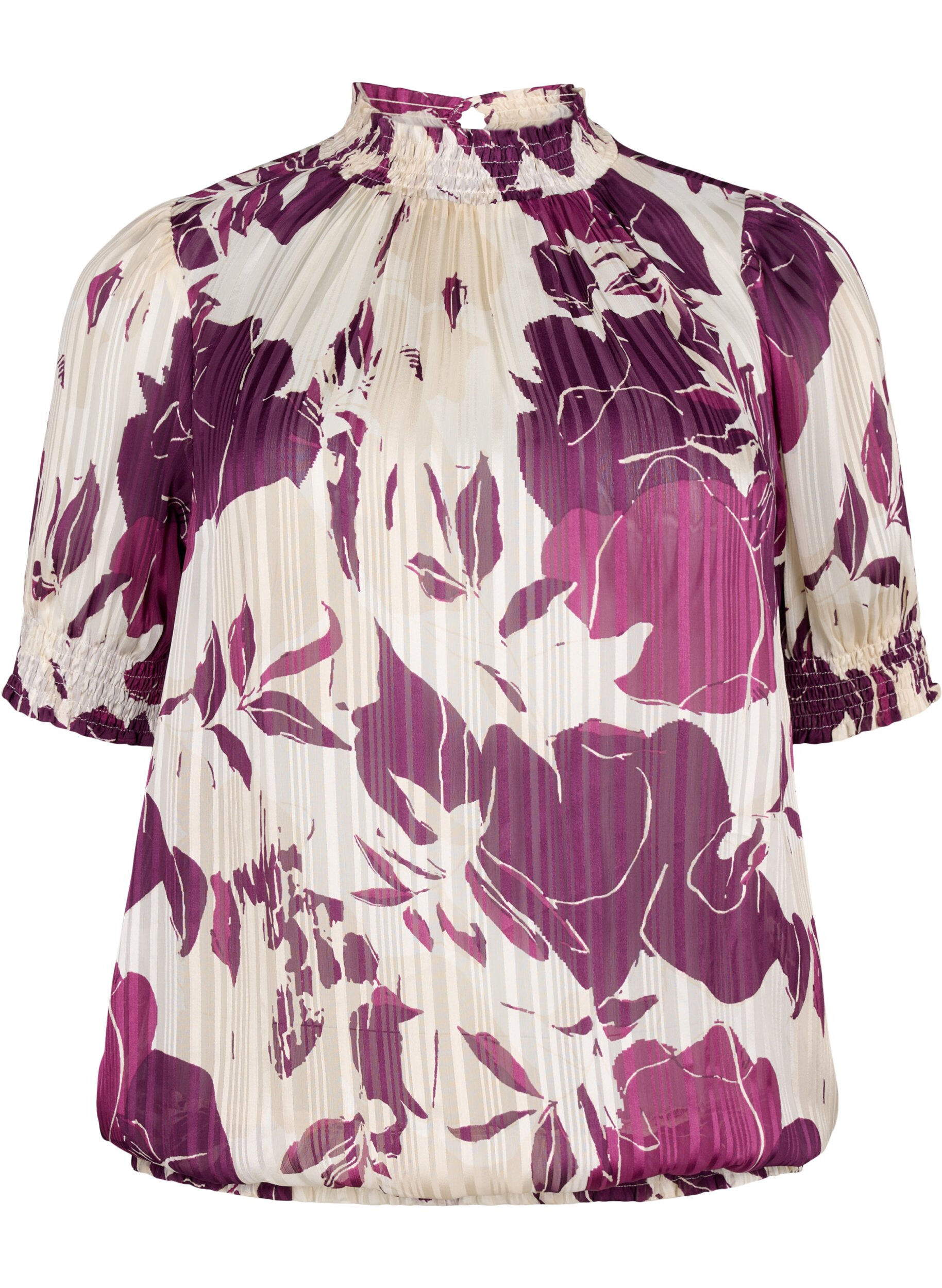 Zizzi Kurz&auml;rmelige gesmokte Bluse mit Print, D.Purple Graphic AOP, Packshot image number 0